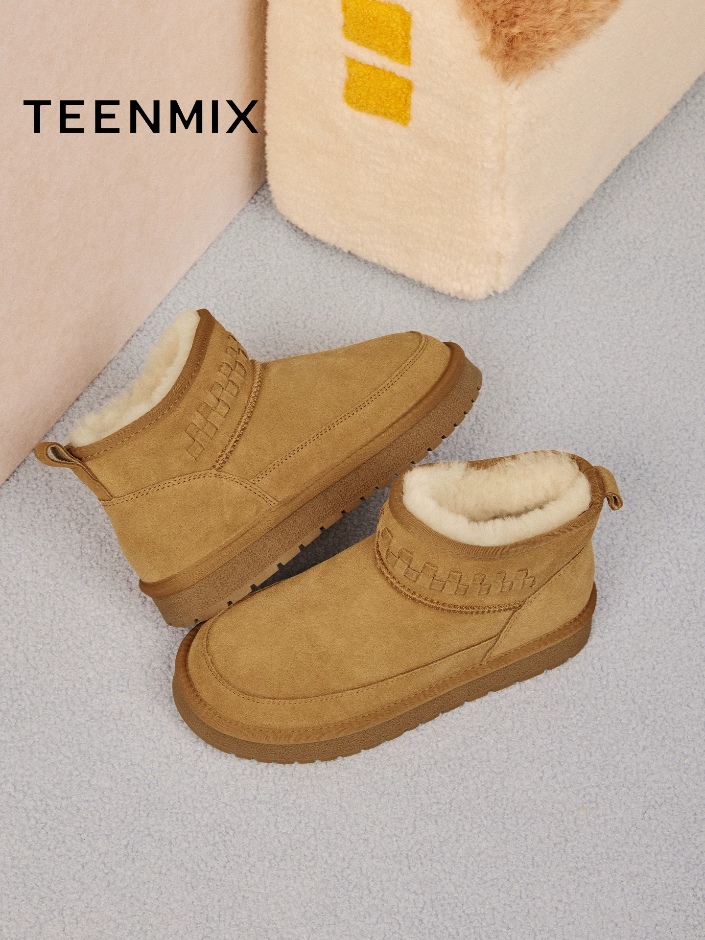 Giày bốt tuyết ấm lót lông cừu kiểu cổ điển Tianmeiyi, đế dày, chất liệu cotton, giày bốt ngắn nữ, kiểu dáng thường ngày, mẫu mới mùa đông 2025, mã CNA46DD5