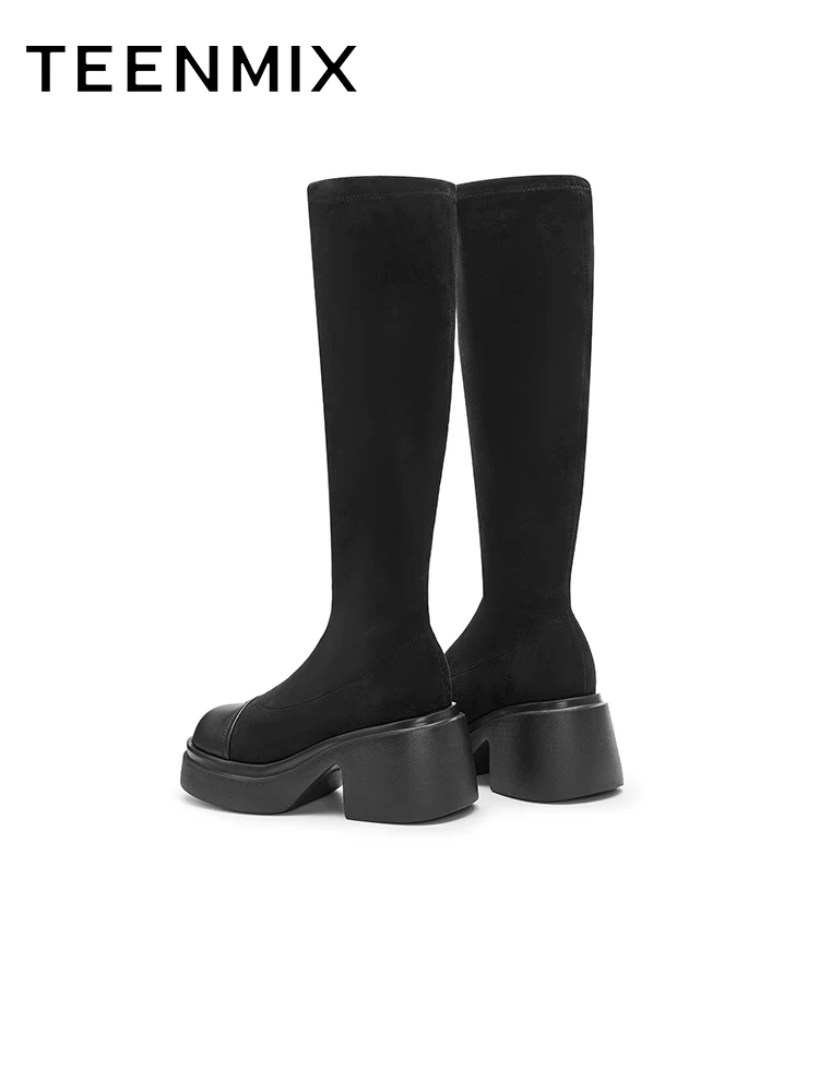 Tianmeiyi retro đế dày tăng chiều cao lót lông cừu co giãn thời trang giày bốt nữ cao cổ mùa đông mẫu mới CPB81DG4