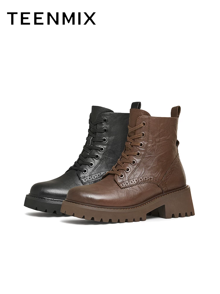 Tianmeiyi retro đế dày Giày bốt Martin nữ giày bốt ngắn thông thường giày bốt da mùa đông mẫu mới COQ47DD4