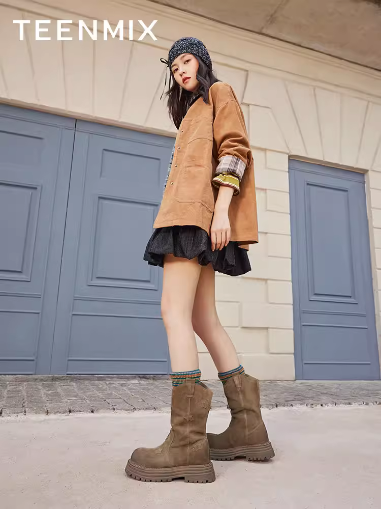 Giày bốt kiểu Tianmeiyi Barn cổ điển, kiểu miền Tây, kiểu xếp lớp, lót lông cừu, giày cưỡi ngựa, giày nữ, bốt ngắn, kiểu mới mùa đông