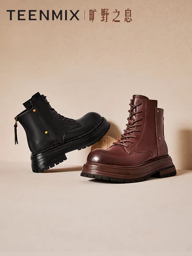 Tianmeiyi Breath of the Wild retro đế dày tăng chiều cao lót lông cừu Giày bốt Martin nữ giày bốt ngắn thông thường mùa đông phong cách mới