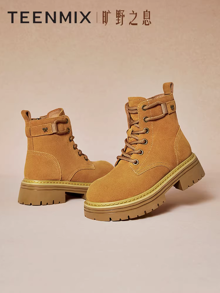 Giày đi làm ngoài trời Tianmeiyi Breath of the Wild đế dày lót lông cừu Giày bốt Martin màu vàng Giày bốt ngắn cổ điển mùa đông mới dành cho nữ