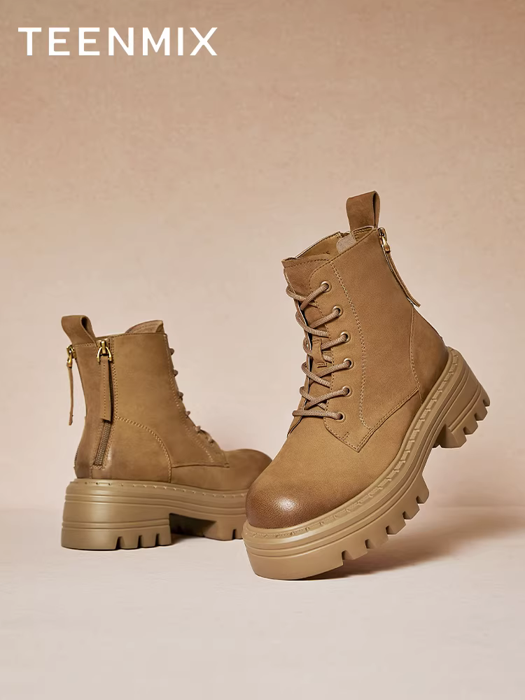 Tianmeiyi đế dày lót lông cừu Giày bốt Martin đi làm ngoài trời giày bốt màu vàng giày nữ cổ điển bốt ngắn mùa đông phong cách mới