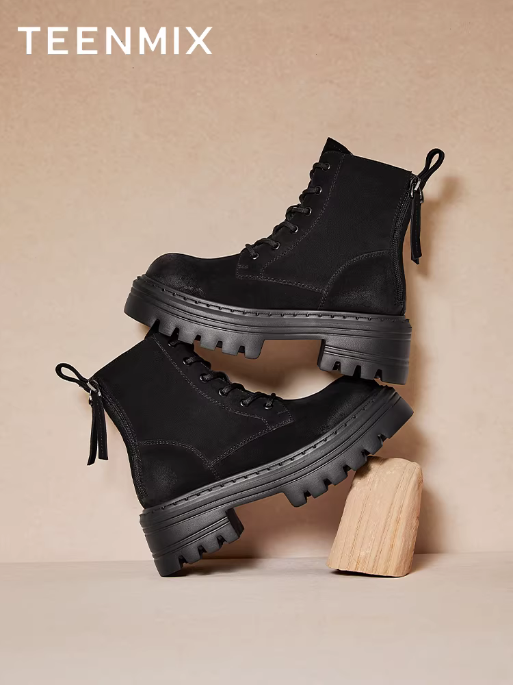 Tianmeiyi đế dày lót lông cừu Giày bốt Martin đi làm ngoài trời giày bốt màu vàng giày nữ cổ điển bốt ngắn mùa đông phong cách mới