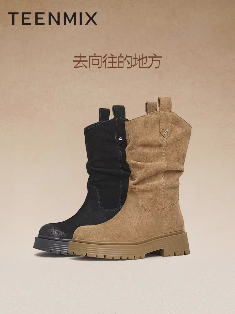 Giày bốt cổ điển kiểu phương Tây Tianmeiyi có lông cừu, bốt cưỡi ngựa dành cho nữ, bốt xếp chồng, bốt ngắn đế dày, mẫu mùa đông mới CQ963DS4