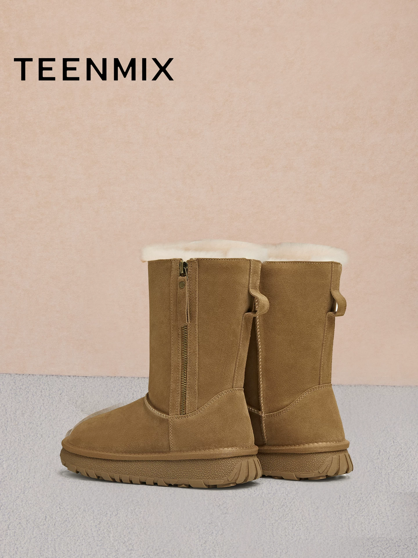 Giày bốt tuyết ấm lót lông cừu đế dày Tianmeiyi, giày bốt ngắn, giày bông nữ, bốt cao đến giữa bắp chân, mẫu mới mùa đông 2025 KXD69DZ5