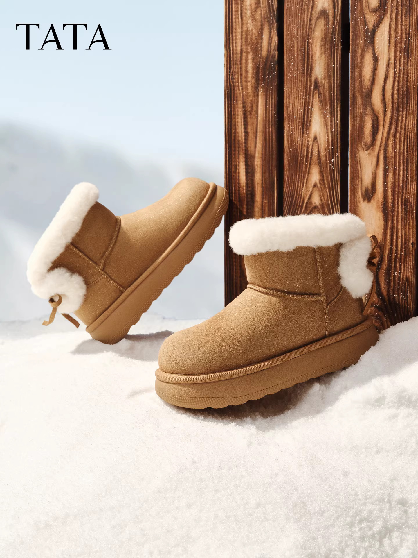 TATA giày đi tuyết của anh ấy/cô ấy 2025 giày mùa đông lót lông cừu bốt cotton lông thú chống thấm nước chống trơn trượt giày cotton ấm áp CUC01DD5
