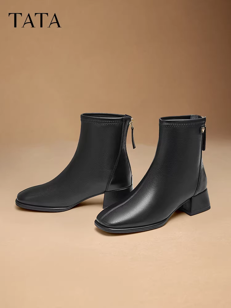 Giày bốt da TATA, bốt ngắn kiểu Pháp, bốt nữ, bốt ôm dáng đi làm, bốt thun, bốt mùa đông mới WYX02DD4