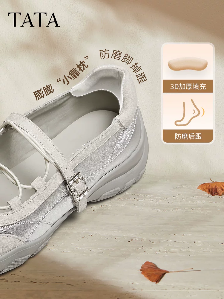 Giày Nữ TATA 2025 Thể Thao Mary Jane Giày Mùa Đông Giày Thường Đa Năng Da Thật Chính Hãng Da Giày Ballet CWS01CQ5