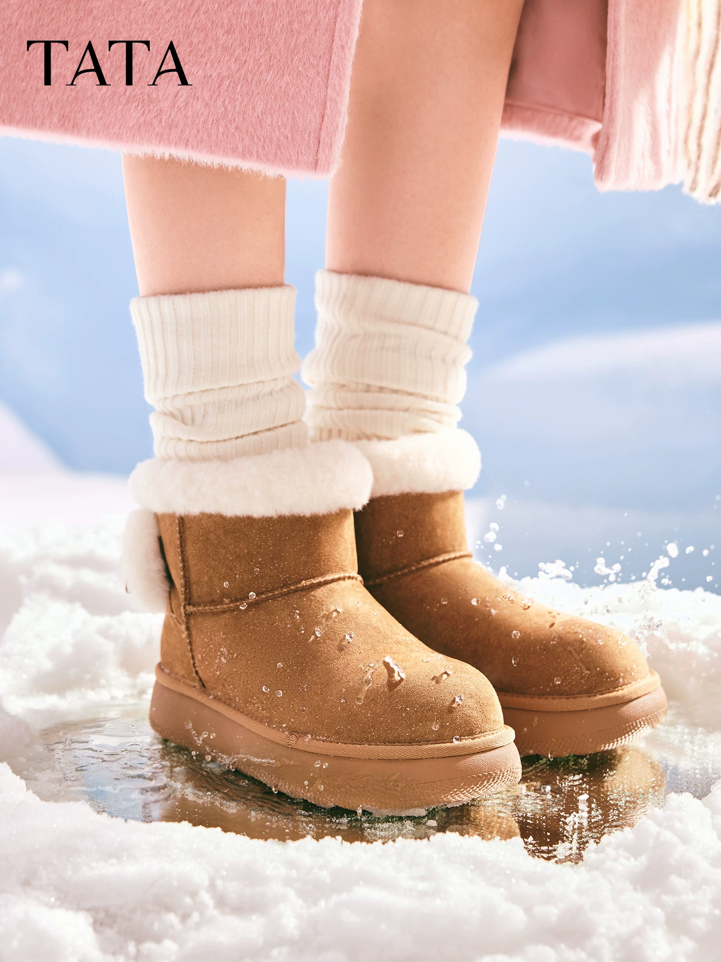 TATA giày đi tuyết của anh ấy/cô ấy 2025 giày mùa đông lót lông cừu bốt cotton lông thú chống thấm nước chống trơn trượt giày cotton ấm áp CUC01DD5