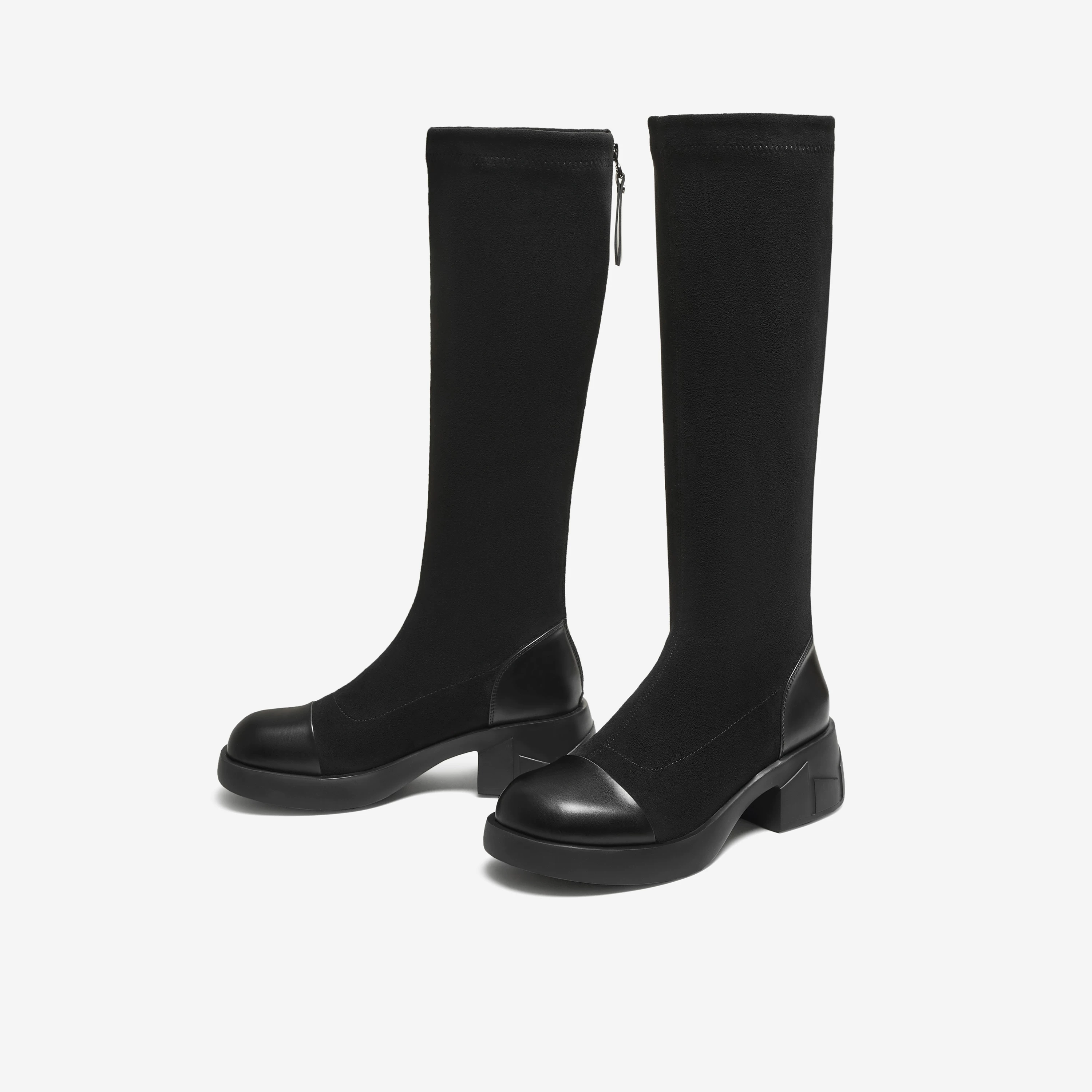 Giày bốt dài co giãn dành cho nữ TATA Giày bốt đế dày đế dày màu đen Giày bốt cao cổ CE601DG5