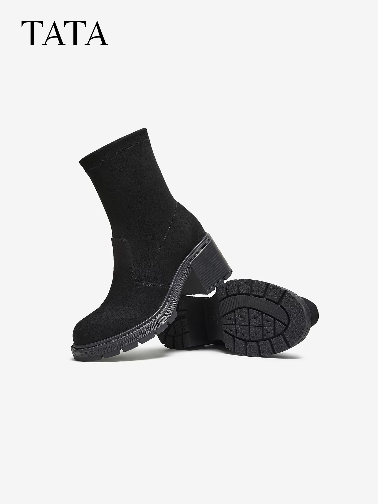 Giày bốt TATA 2025 Giày bốt mùa đông Giày bốt nữ mới Giày bốt mỏng Giày bốt co giãn Giày bốt gót nhọn Giày bốt ngắn XWX01DZ5