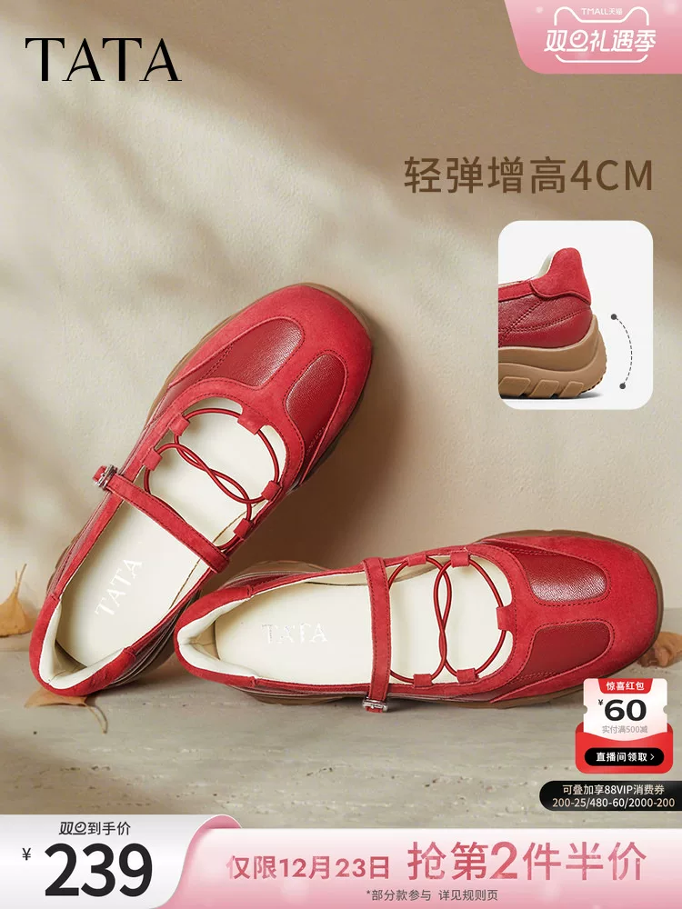 Giày Nữ TATA 2025 Thể Thao Mary Jane Giày Mùa Đông Giày Thường Đa Năng Da Thật Chính Hãng Da Giày Ballet CWS01CQ5