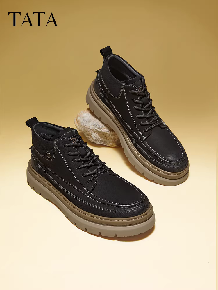 Giày bốt cổ ngắn đế dày kiểu cổ điển của Tata Giày bốt nam đi làm Giày cao cổ nam da thật lót lông cừu ngoài trời Giày bốt Martin mùa đông
