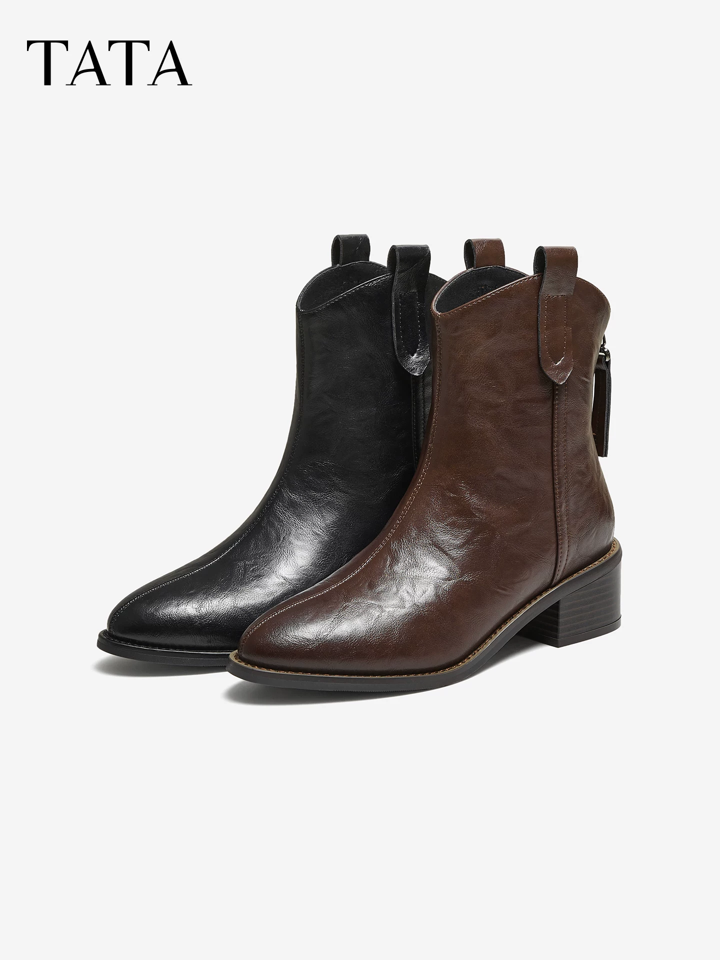 TATA giày bốt mùa đông 2025 mới kiểu phương Tây cổ điển giày nữ thời trang màu đen ngắn UVF01DZ5