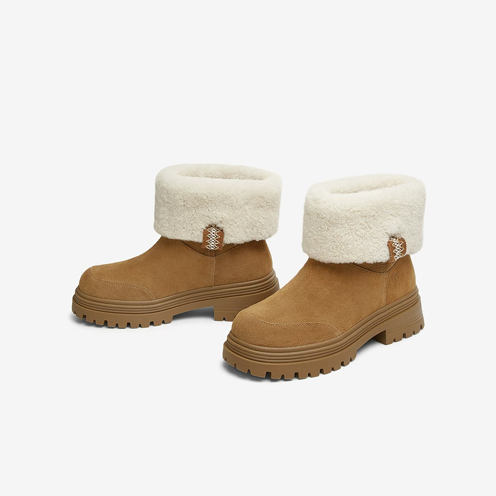 Giày bốt đi tuyết mùa đông đế dày TATA Giày bốt nữ có lót lông cừu Giày bốt ngắn ấm áp Giày cotton lông thú mẫu mới 7D253DD4