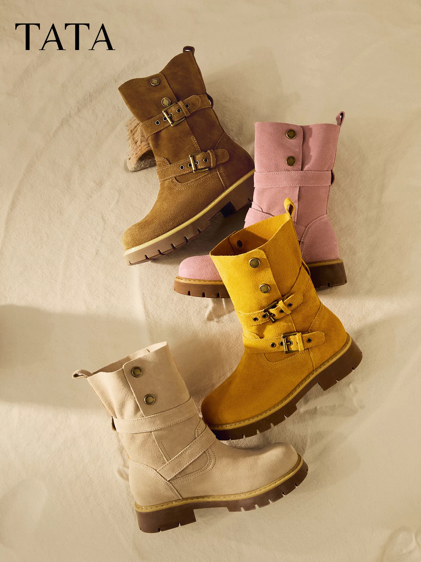 Giày bốt phương Tây TATA dành cho nữ Giày bốt màu vàng mùa đông Giày bốt cao đến giữa bắp chân thời trang Giày bốt ngắn CF501DZ5