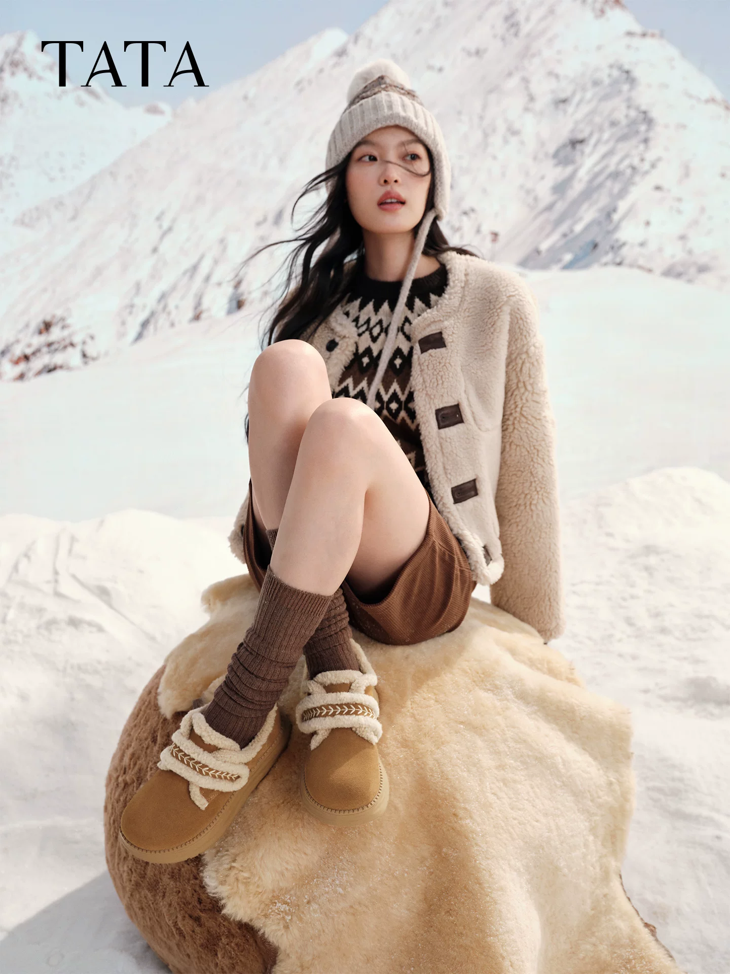 Giày TATA Bear Birkenstock Giày mùa đông Giày lông Giày đơn Đế dày Plus Nhung Ấm áp Giày cotton chống trượt dành cho nữ CYY07DM5