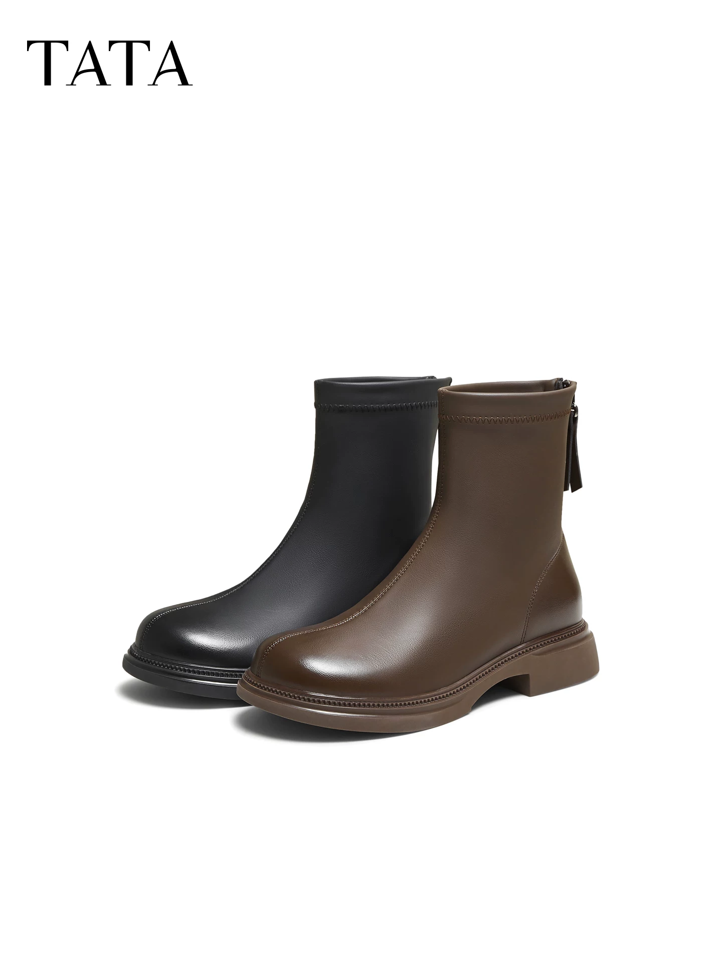 Giày bốt nữ TATA 2025 Giày bốt thời trang lót lông cừu Giày Chelsea kiểu Pháp Giày bốt cổ ngắn đế dày phong cách cổ điển CE701DZ5