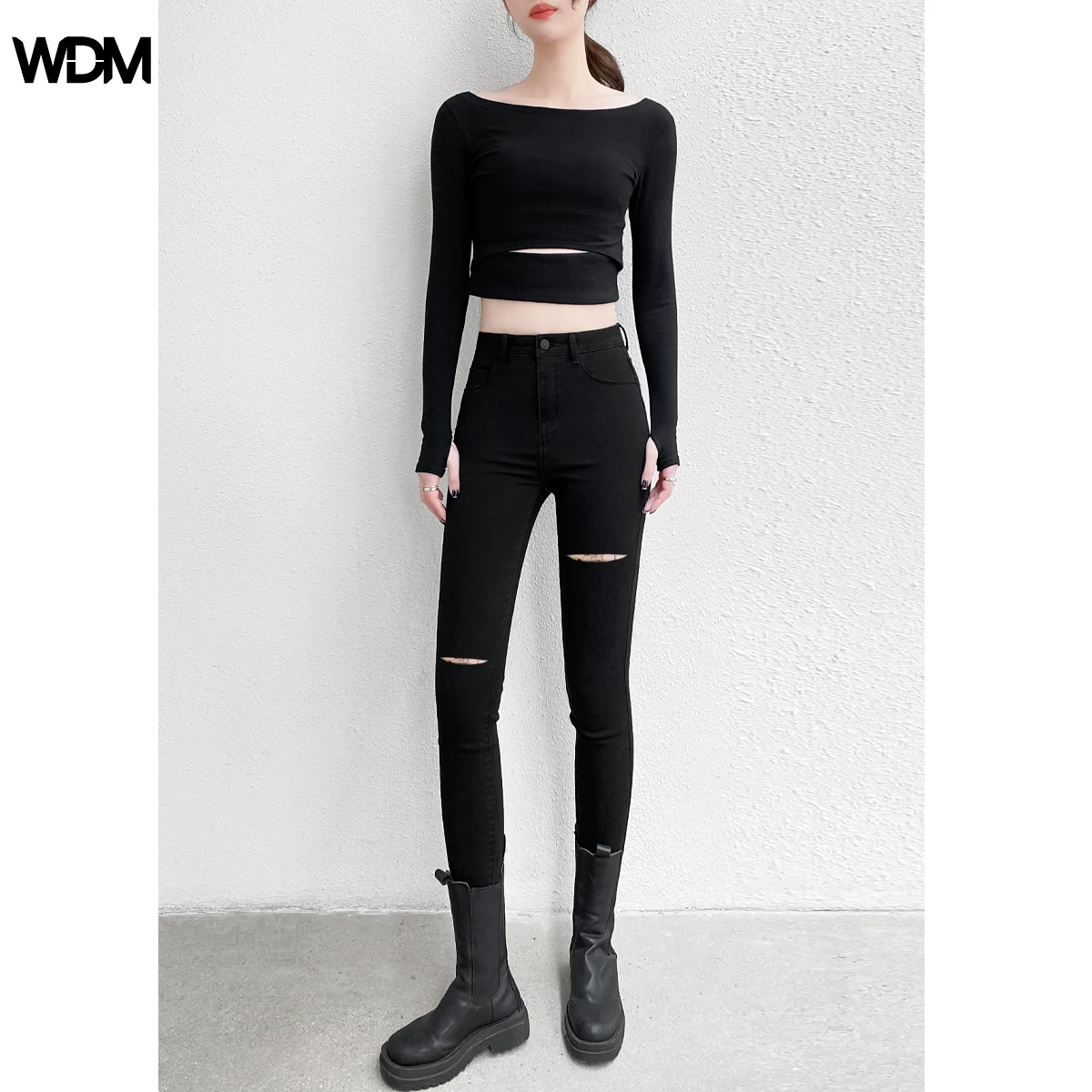 Quần jean skinny rách cho nữ, cạp cao, tôn dáng, quần đen mới xuân hè 2025, quần bút chì ống ngắn