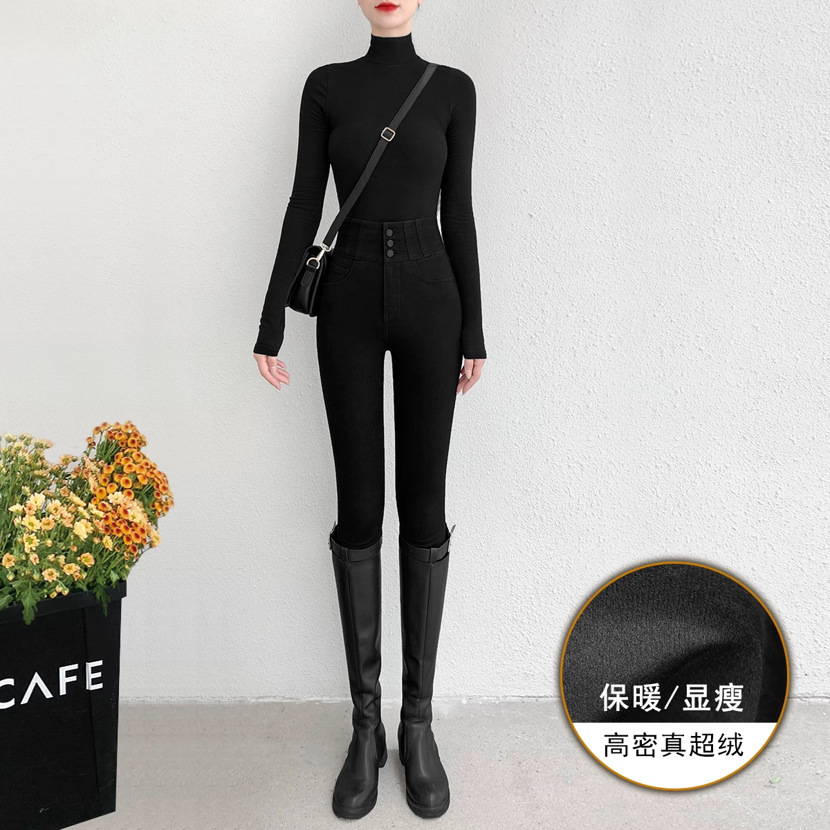 Quần jean skinny cạp cao màu đen lót lông dày dành cho nữ, quần áo khoác ngoài ôm dáng mới cho mùa đông 2025.