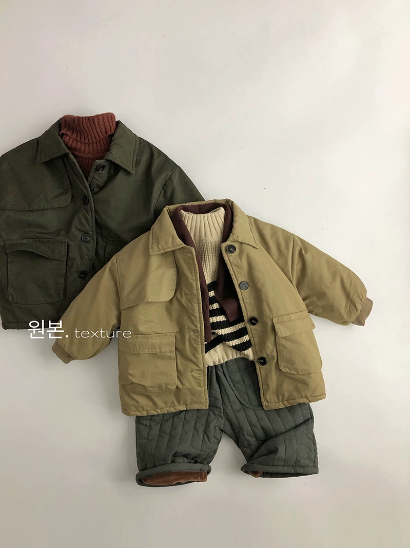 Phong cách Harajuku~Quần áo bảo hộ lao động Nhật Bản~Áo khoác đệm lót mùa thu đông phong cách Hàn Quốc cho trẻ em, áo khoác dài vừa phải sành điệu cho bé trai và bé gái