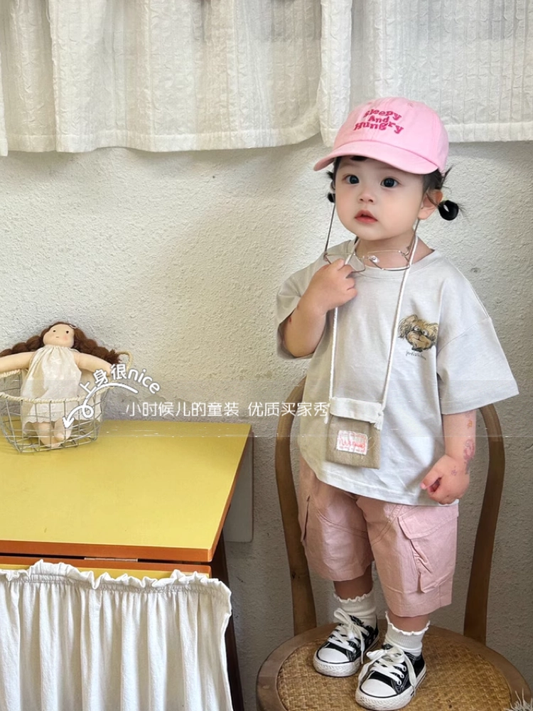 Messy Puppy~Áo thun in hình hoạt hình tay ngắn bằng vải cotton mỏng dành cho trẻ em mùa hè phong cách Hàn Quốc, quần áo rộng rãi sành điệu cho bé trai và bé gái