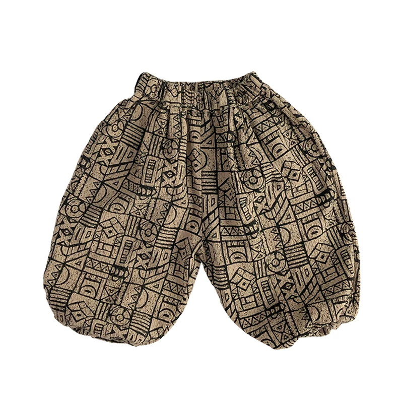 Quần đèn lồng trẻ em phong cách Hàn Quốc in hình học trừu tượng thủ công mùa xuân thu cotton linen hợp thời trang unisex dáng rộng đa năng