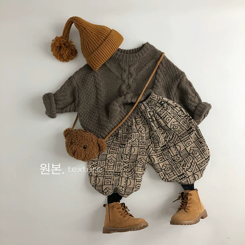 Quần đèn lồng trẻ em phong cách Hàn Quốc in hình học trừu tượng thủ công mùa xuân thu cotton linen hợp thời trang unisex dáng rộng đa năng