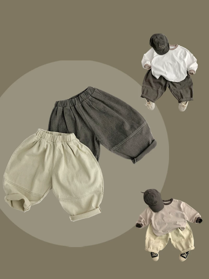 Phải mua ngay~ Vải cotton dệt nguyên chất~ Quần cà rốt thời trang trẻ em phong cách Hàn Quốc mùa xuân thu, dáng rộng thoải mái cho bé trai và bé gái, quần ống rộng harem.