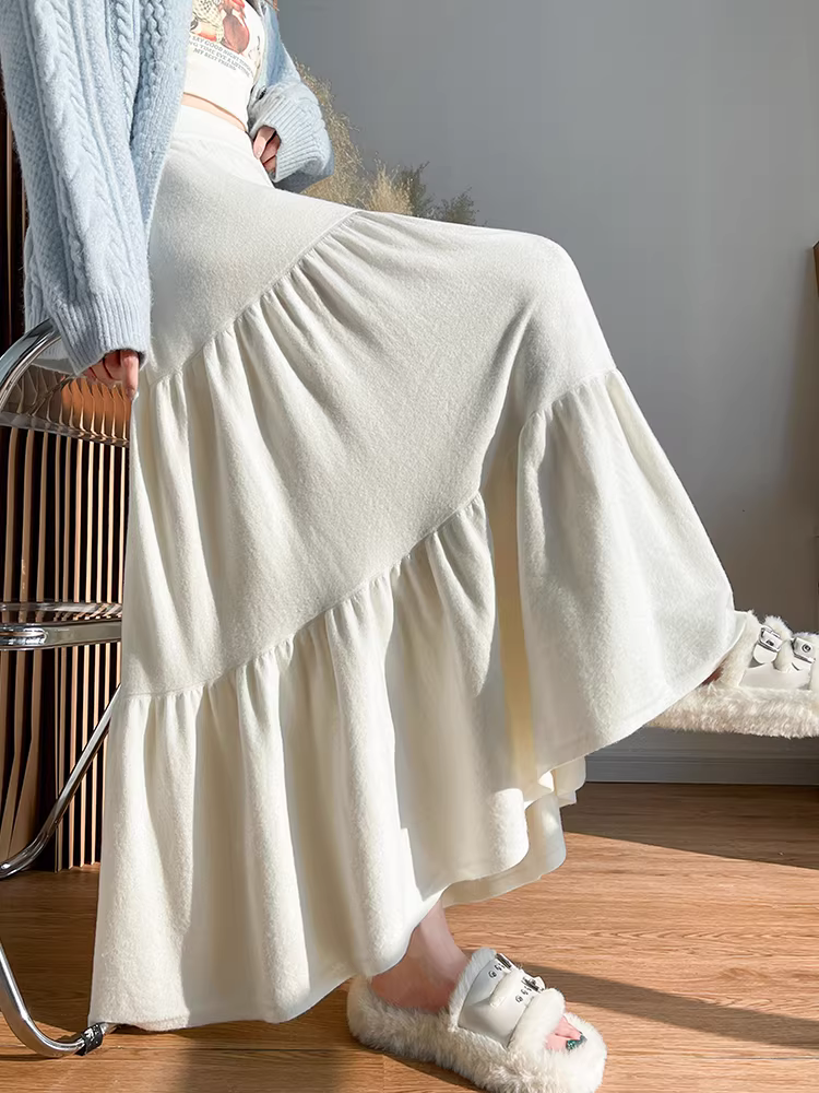 Váy dệt kim nữ thu đông, dài trung bình, váy vạt rộng, váy len kiểu Pháp, lưng thun, váy chữ A, váy dù, váy dài.