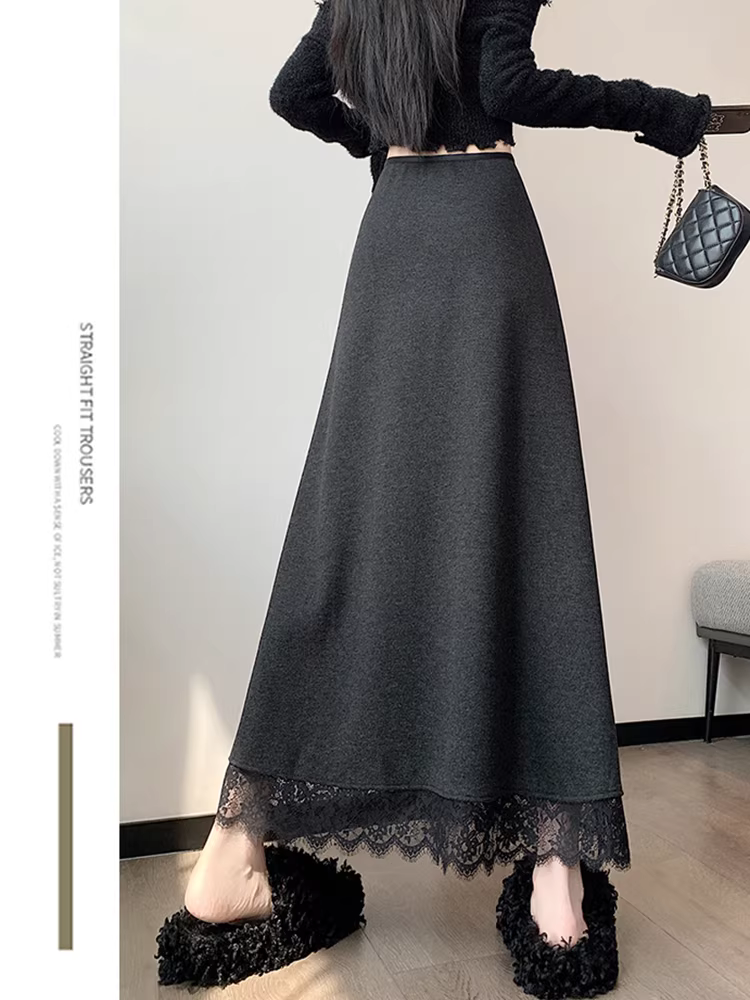 Váy midi len màu nâu dành cho nữ, mùa thu đông, váy dù dài vừa phải, váy len lót lông cừu và dày dặn, váy dài.