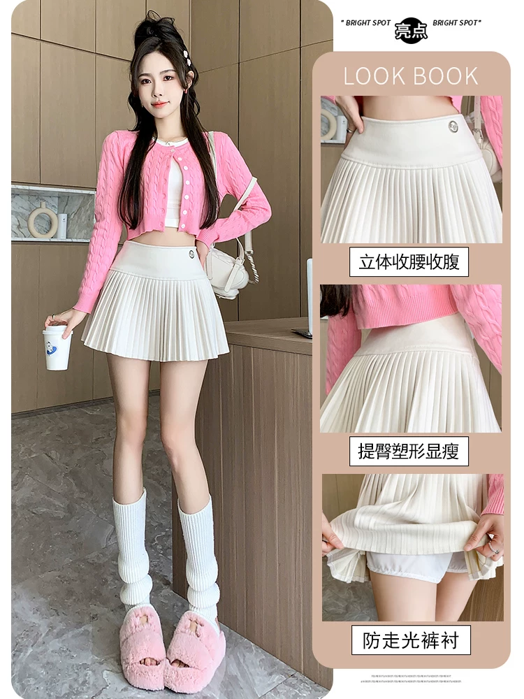 Váy len màu trắng nhạt dành cho nữ, váy len xếp ly mùa thu đông, váy xếp ly dạng xếp nếp, váy chữ A, phối cùng áo len, váy ngắn