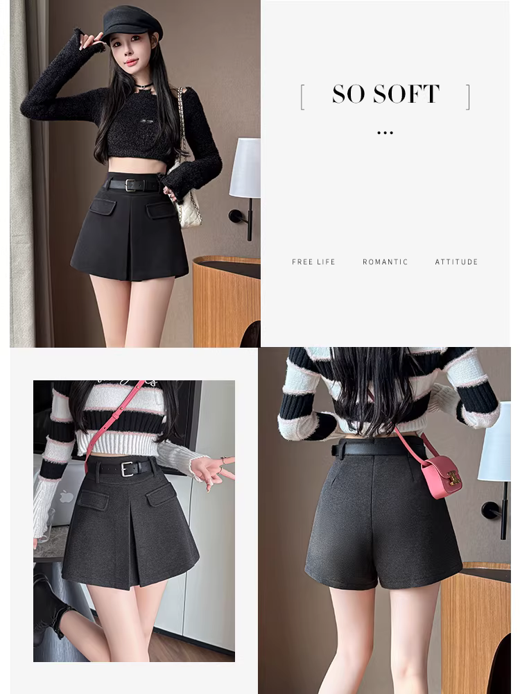 Quần short len màu xám dành cho nữ, thích hợp cho mùa thu đông, quần váy len, quần váy ngắn để phối với bốt, quần bốt Martin dành cho nữ.