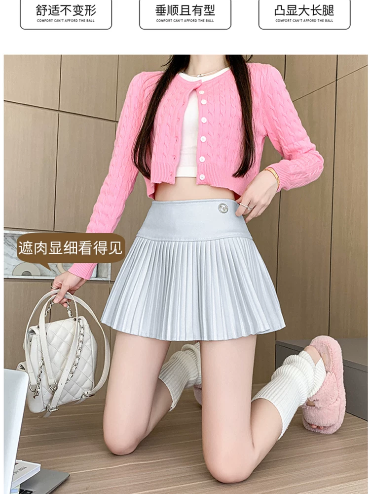 Váy len màu trắng nhạt dành cho nữ, váy len xếp ly mùa thu đông, váy xếp ly dạng xếp nếp, váy chữ A, phối cùng áo len, váy ngắn