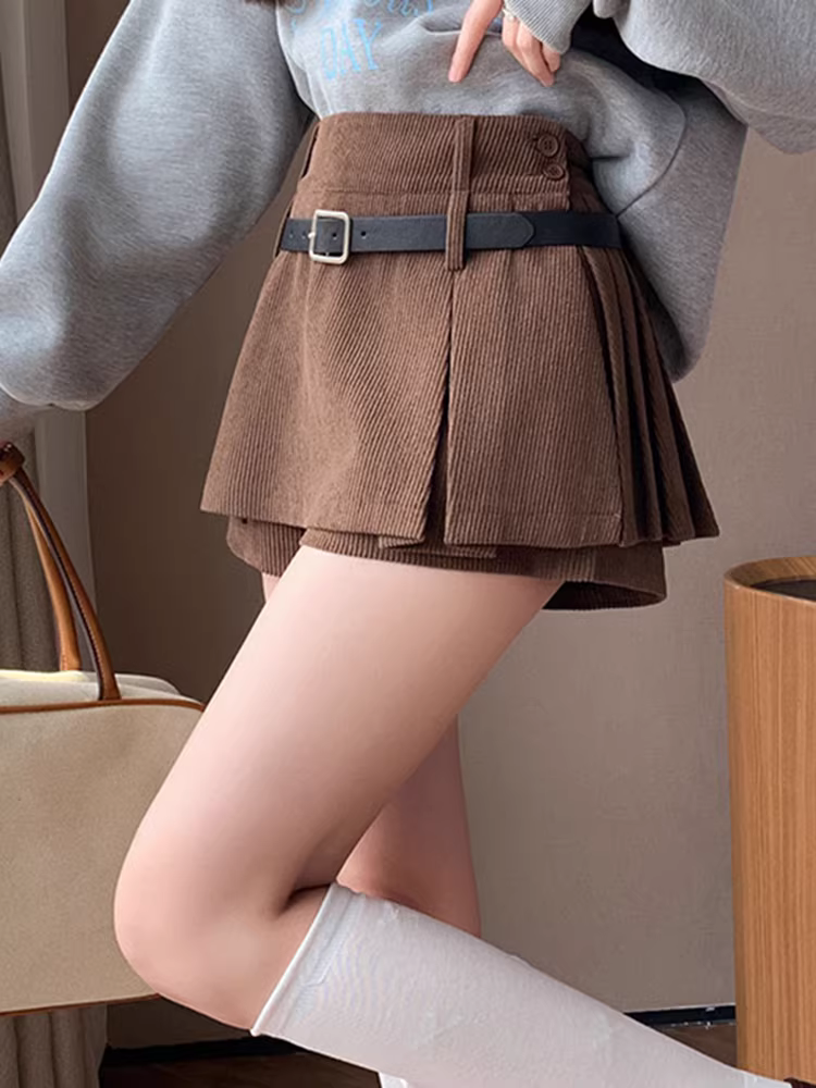 Quần short vải nhung kẻ cho nữ, quần váy xếp ly mùa thu đông, quần váy vải nhung giả hai mảnh, quần bốt Martin cạp cao xếp lớp.