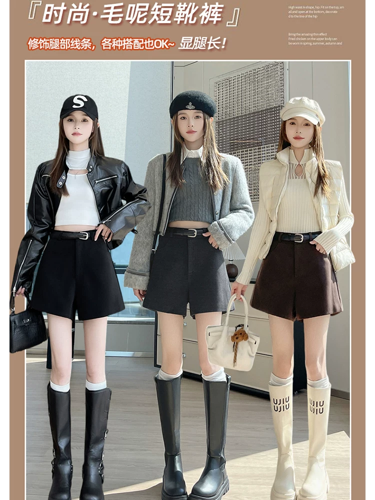 Quần short len màu xám dành cho nữ, áo khoác ngoài mùa thu đông, quần ống rộng dáng chữ A cạp cao mới năm 2025 có thể phối với giày bốt.