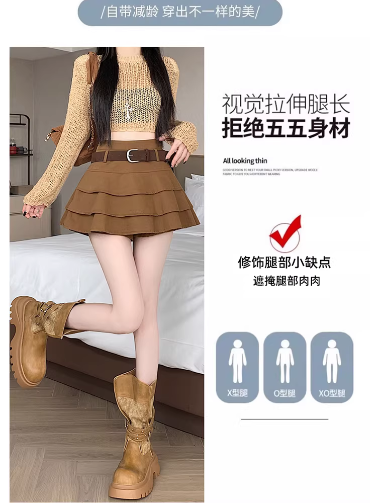 Quần short kaki dành cho nữ, thích hợp cho mùa xuân và mùa thu, có thể mặc như váy hoặc quần, quần giả hai lớp xếp tầng, quần rất sành điệu và quần ống loe.