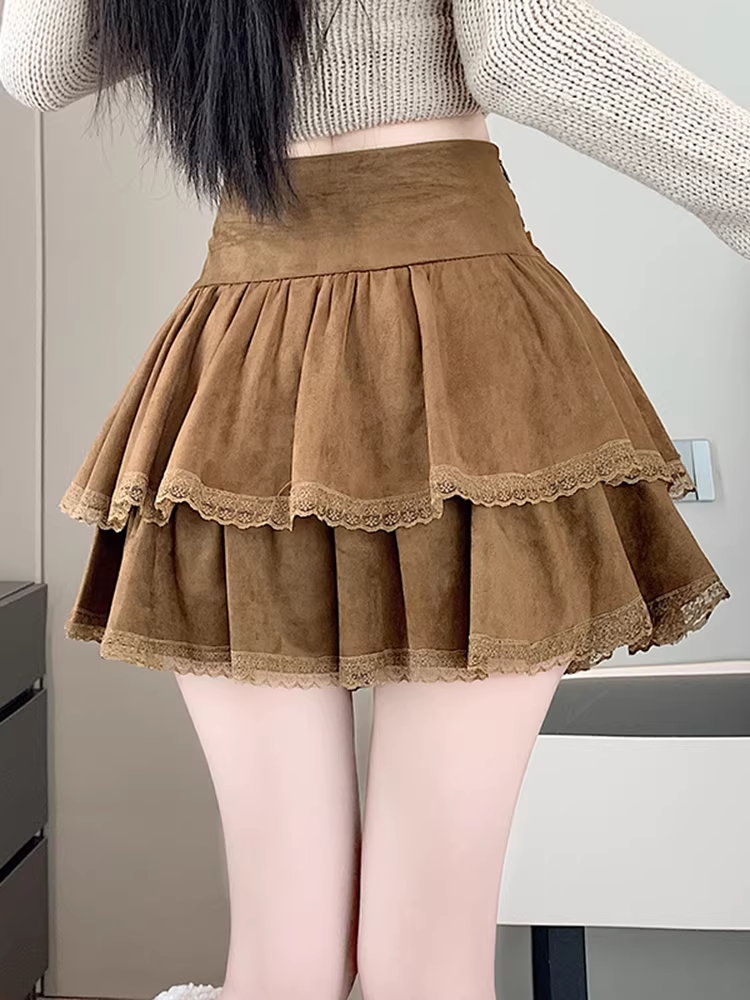 Váy da lộn màu nâu dành cho nữ, váy tutu mùa thu đông, váy nụ hoa, váy bánh nhiều lớp phong cách múa ba lê, váy ngắn bằng da