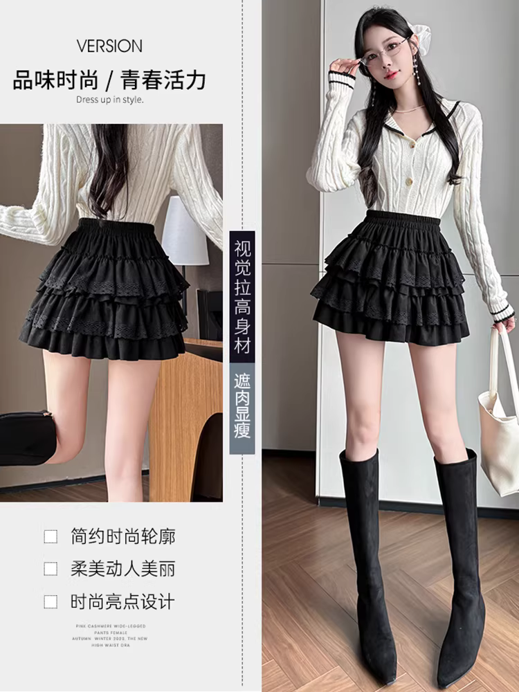 Váy nhung đen cho nữ, váy thu đông, váy bánh nhiều tầng, váy tutu kiểu múa ba lê, áo len kèm váy, váy ngắn