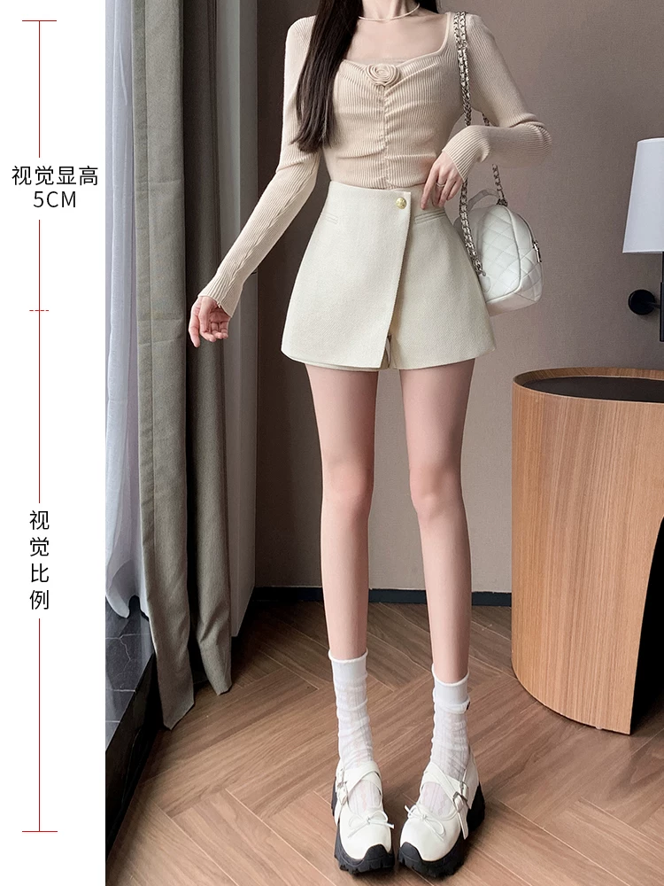 Quần short len trắng cho nữ, áo khoác ngoài mùa thu đông, quần váy kiểu Chanel, quần váy giả hai mảnh không đều kiểu Chanel, quần bốt len.