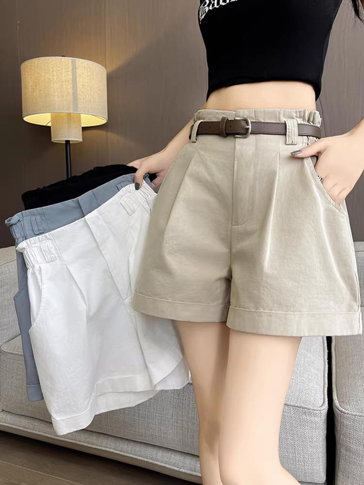 Quần short nữ vạt xéo, quần kaki mùa hè, quần ống rộng cạp cao kiểu mới hot trend 2025, quần short thời trang cho các cô gái sành điệu.