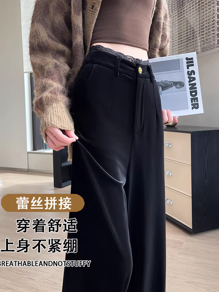 Quần nhung ống rộng nữ, thu đông, chất liệu mềm mại, dáng rộng, dài chấm đất, quần nhung dài.