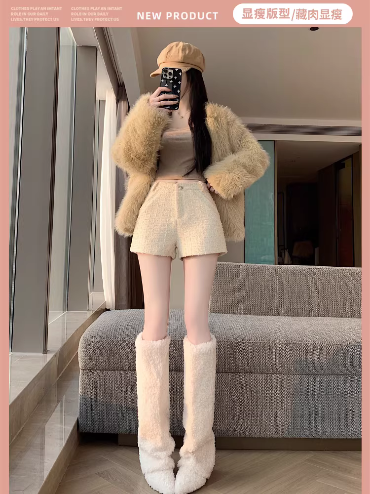 Quần short len phong cách Chanel dành cho nữ, áo khoác ngoài mùa thu đông, quần legging cạp cao mới năm 2025, quần nữ mặc với bốt.