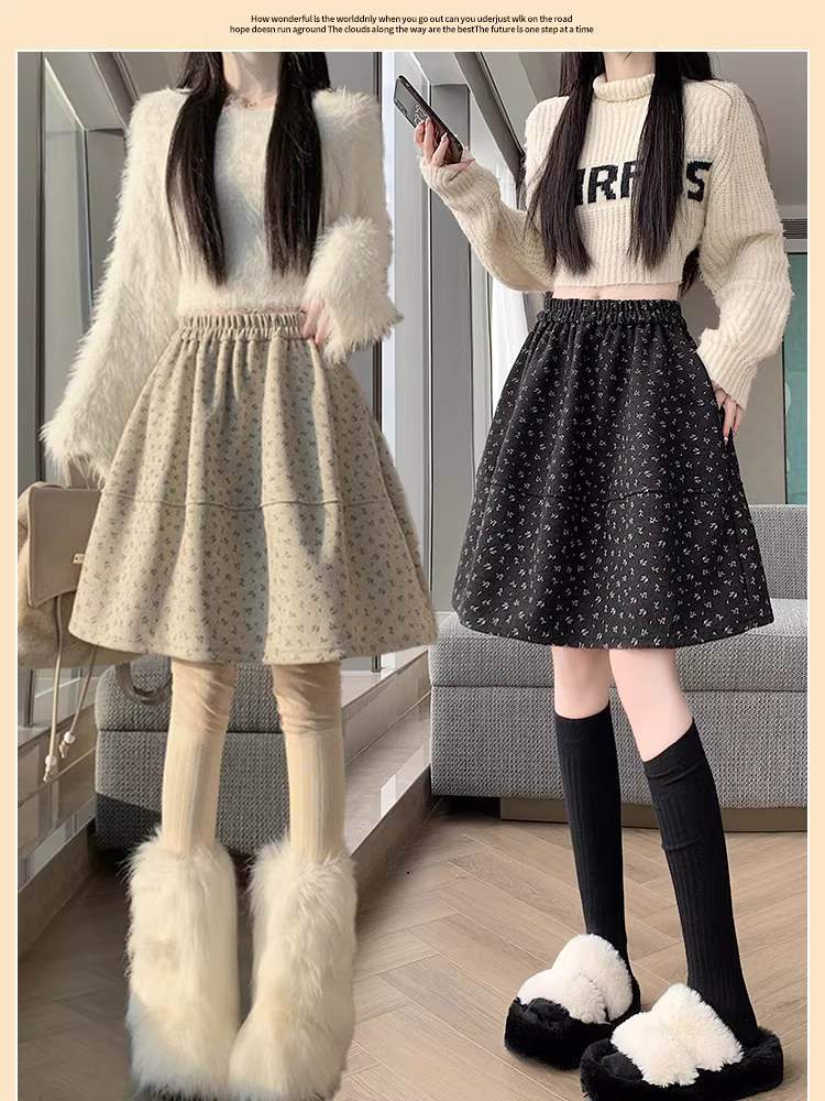 Váy midi len hoa cho nữ, váy dù, váy len rất xinh, váy năm điểm, váy chữ A, váy dài vừa phải.