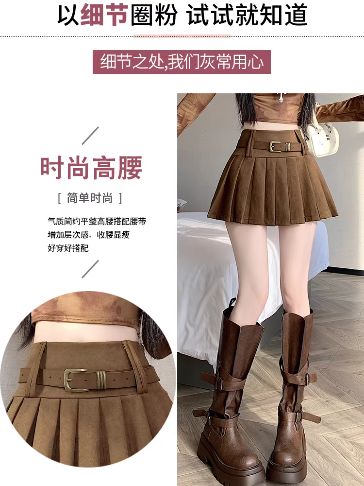 Váy da lộn nâu nữ, váy xếp ly da lộn thu đông, váy nửa thân rất đẹp, váy da, váy ngắn hot girl