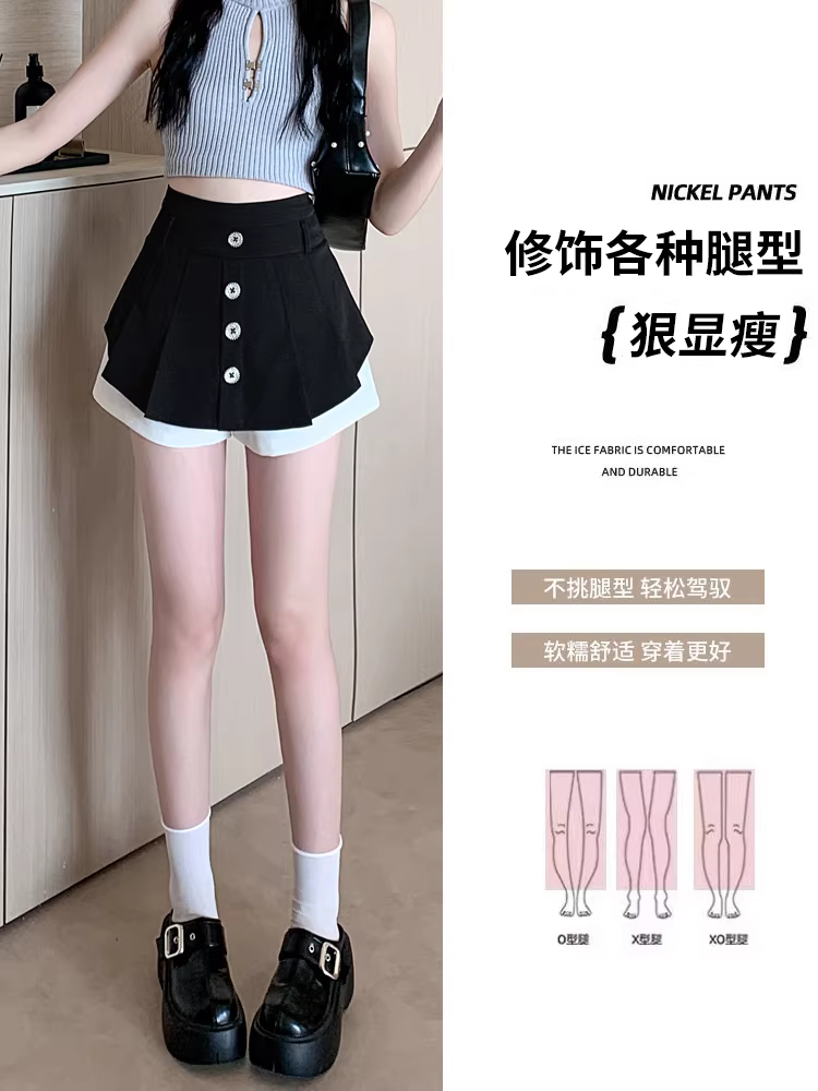 Quần short đen cho nữ, quần culottes xuân hè, quần váy xếp ly giả hai mảnh xếp tầng, váy chữ A lưng cao, váy ngắn nóng bỏng
