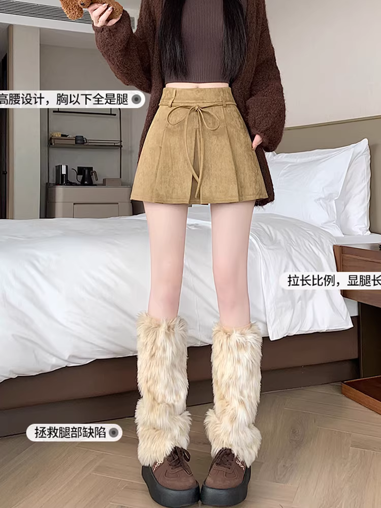 Váy da kaki, váy xếp ly da lộn mùa thu đông nữ, váy nửa thân rất đẹp, váy da lộn, váy ngắn