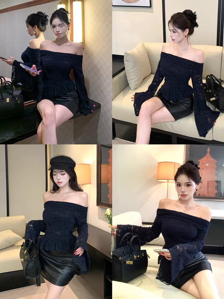 Áo ren đen dành cho nữ, mùa thu đông, tay chuông, tay dài, lớp lót, trễ vai, cực kỳ sành điệu, áo ôm eo.