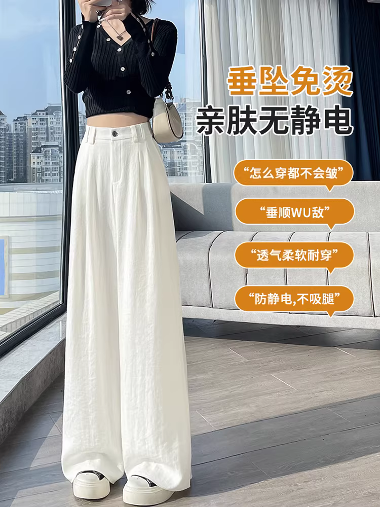 Quần âu nữ màu xanh navy, dáng rộng, mùa xuân thu, cạp cao, chất liệu mềm mại, dài quá gối dành cho người cao, kiểu dáng sang trọng cổ điển.